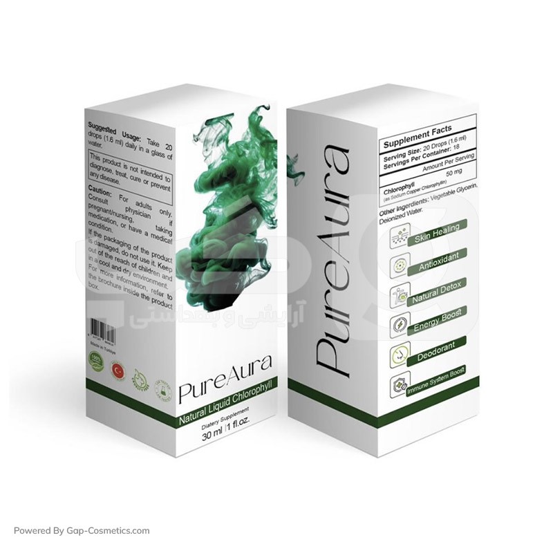 کلروفیل مایع پیور آورا PURE AURA مناسب انواع مو حجم 40 میلی لیتر